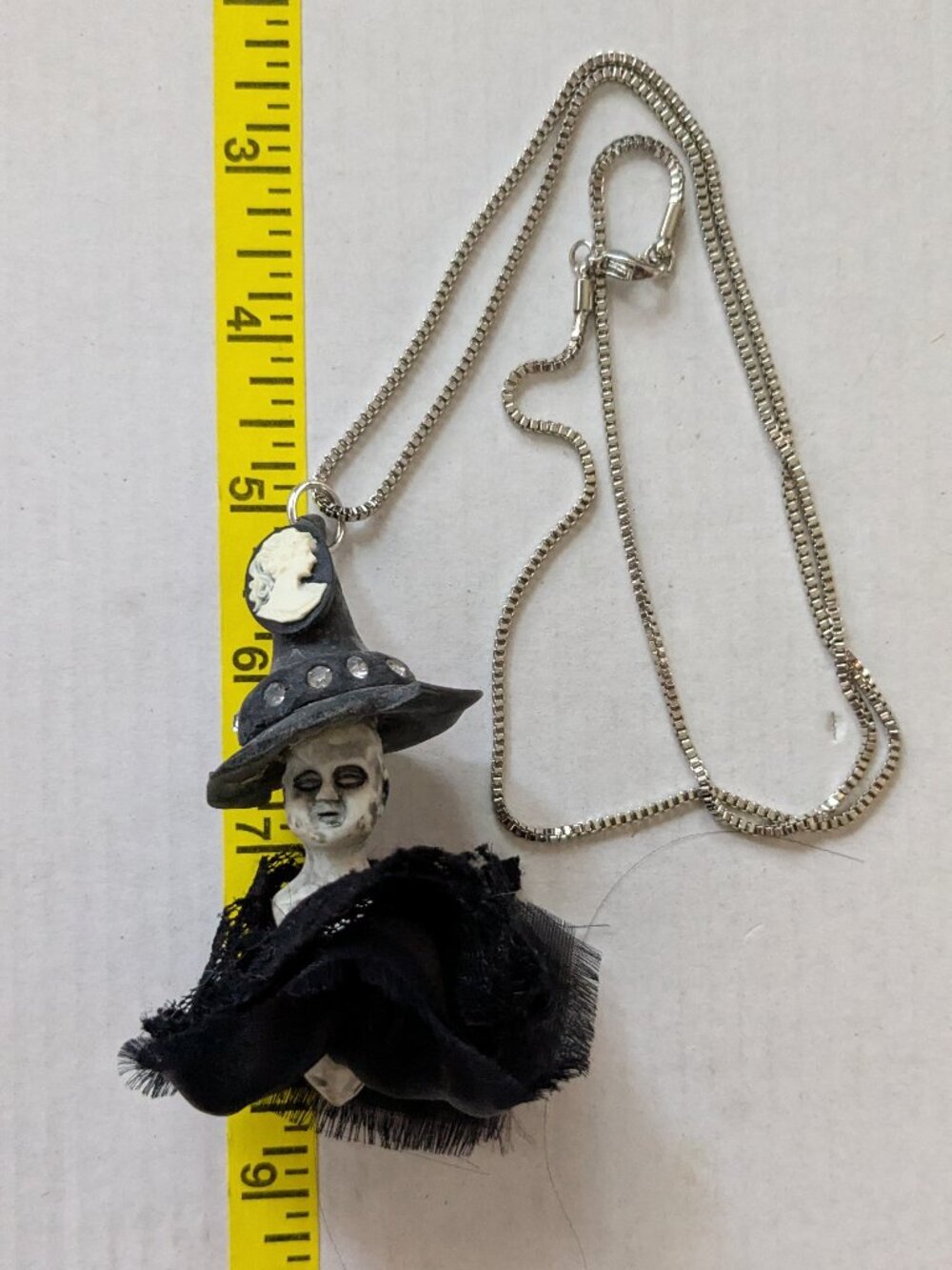 Spooky Halloween Scary Doll Witch Hat Black Ruffle Pendant Necklace